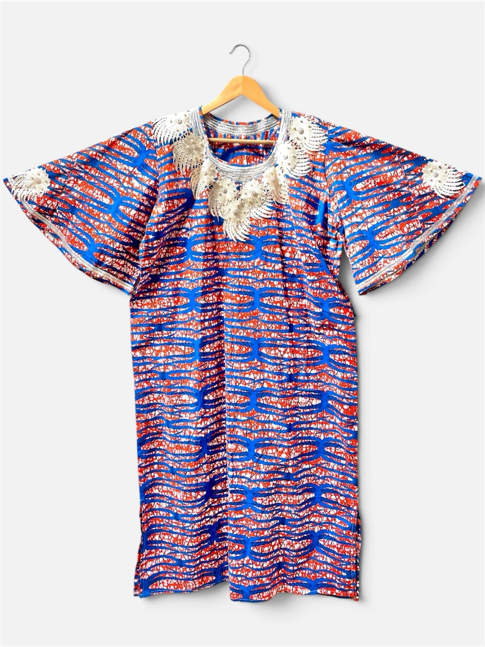 African Blue & Orange Pearl Rhinestone Wax Print Ankara Kaftan Dress, Women's XL